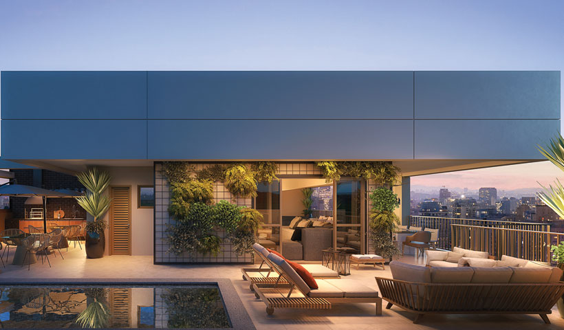 Pátrio Ibirapuera – Perspectiva Ilustrada do Apto. Duplex Terraço com Piscina com sugestão de decoração