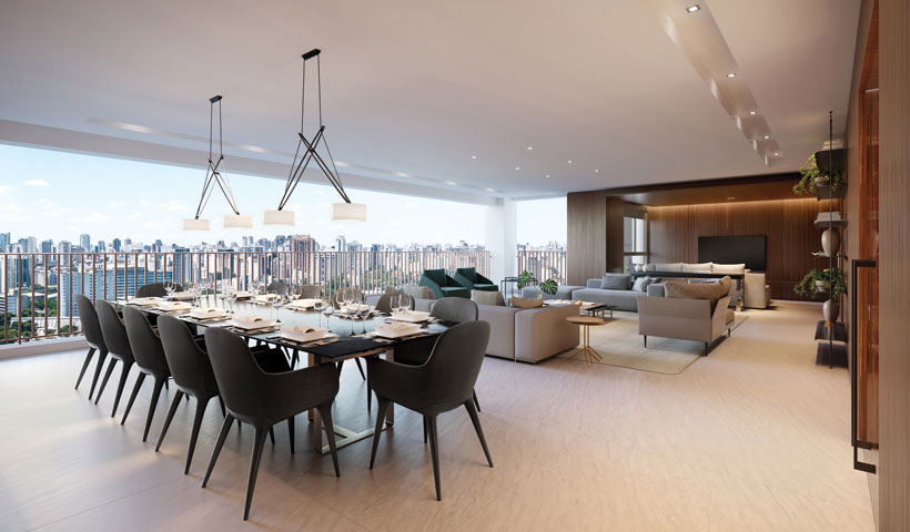 Pátrio Ibirapuera – Perspectiva Ilustrada do Living Integrado ao Terraço do Apartamento de 280 m² privativos na opção sala ampliada com sugestão de decoração