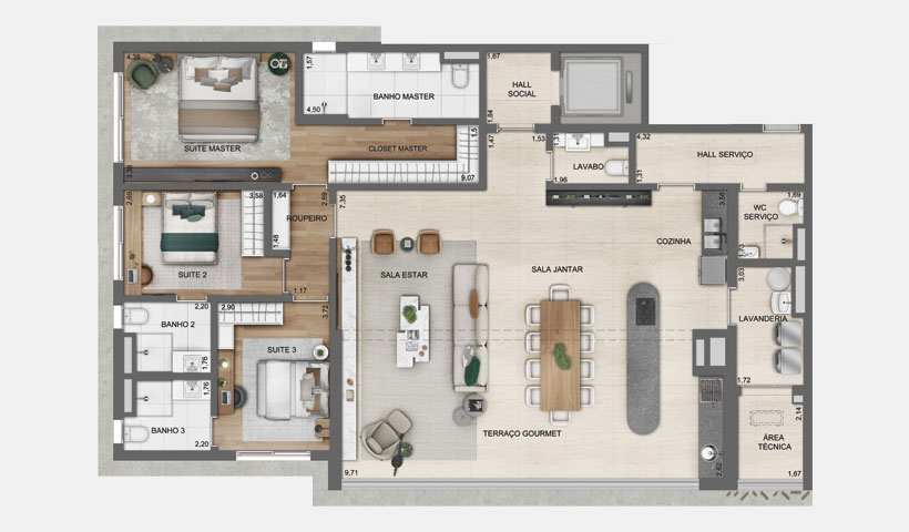 Lindenberg Alto de Pinheiros – Planta do Apto. de 182 m² com Living Integrado