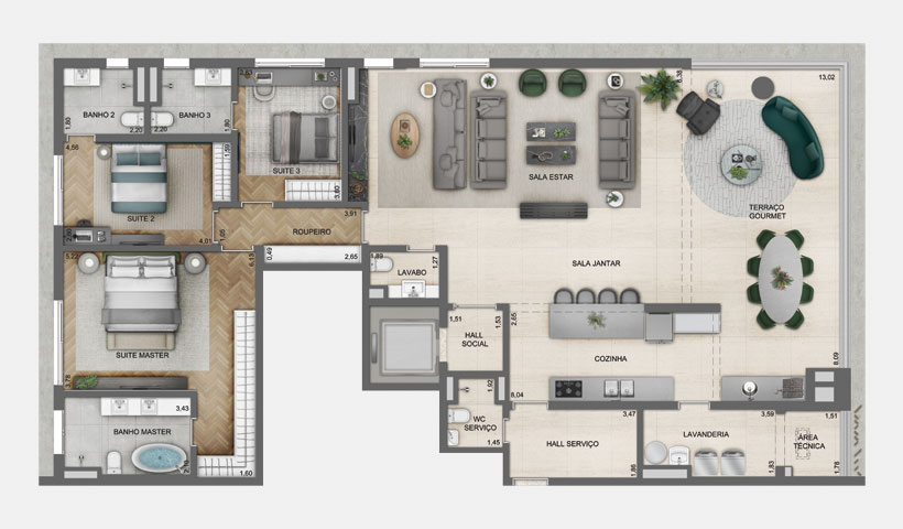 Lindenberg Alto de Pinheiros – Planta do Apto. de 220 m² com Living Integrado