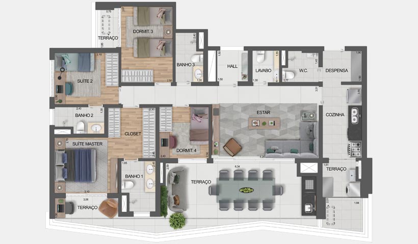 Signature by Ott – Planta Tipo de 144 m² - 4 dorms. 2 suítes