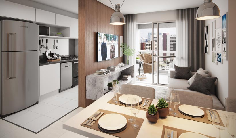 Sky House – Living do apto. De 61 m²