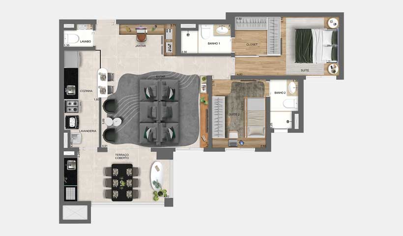 Tourmaline – Planta Opção Living Ampliado do Apto. de 85 m²