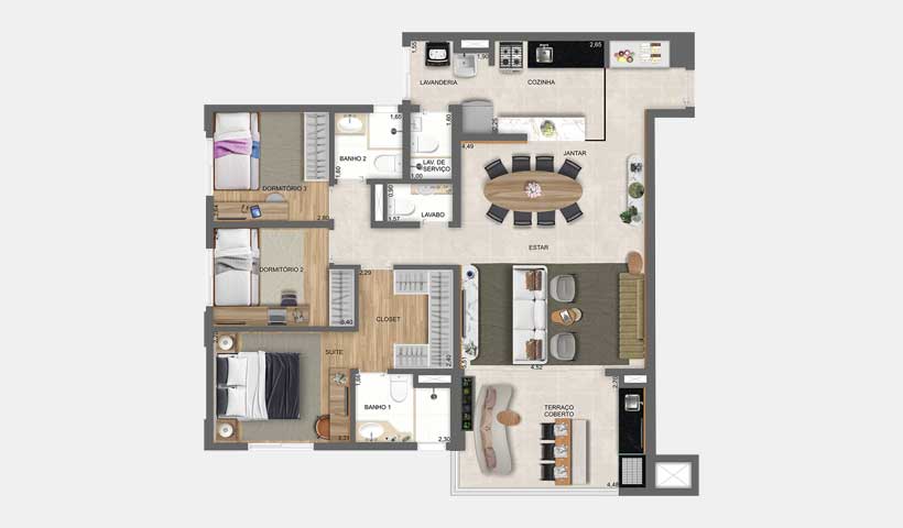 Tourmaline – Planta Opção Living Ampliado do Apto. de 106 m²