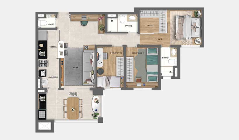 Tourmaline – Planta Tipo com Living do Apto. de 85 m²