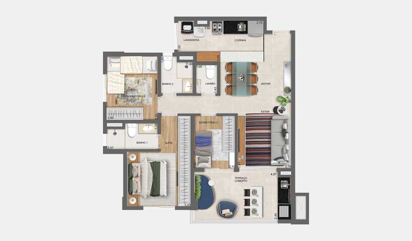 Tourmaline – Planta Tipo com Living do Apto. de 85 m²