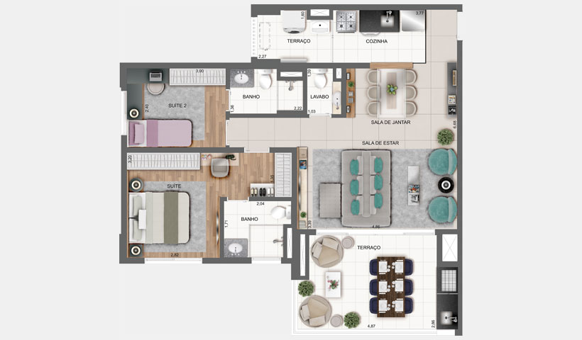 Vértiz - Planta do apto. de 85 m² com living ampliado