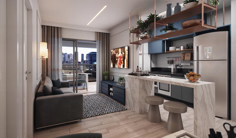 Z. Pinheiros – Living do apto. de 49 m²
