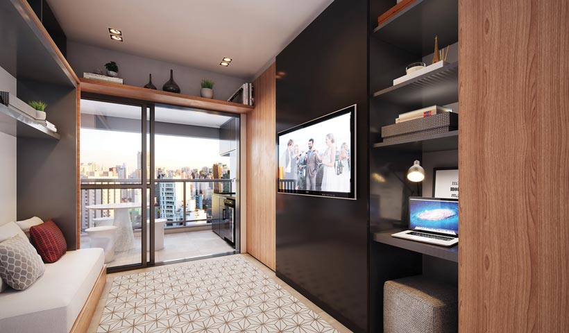 Z. Pinheiros – Living do studio de 30 m²