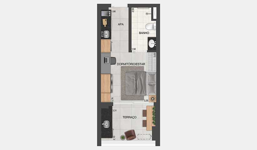 Z Pinheiros – Planta Tipo do Studio de 30 m² - Finais 13 e 15